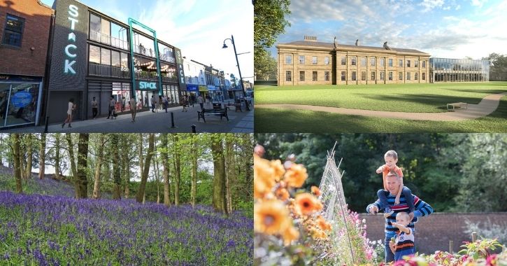 Photo collage of STACK development at Bishop Auckland, The Story at Mount Oswald, bluebell forest and family at the walled gardens Auckland Castle